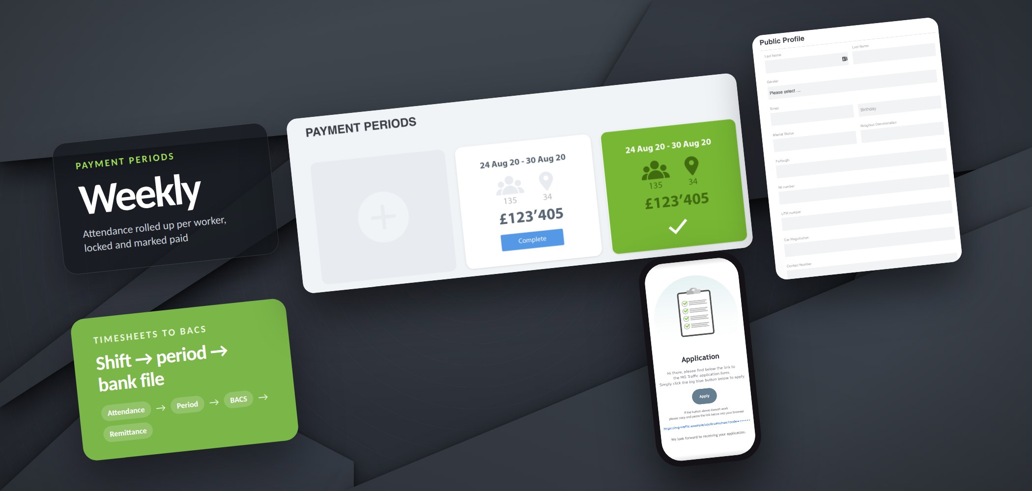 MG Traffic platform collage: weekly payment periods, the worker profile with payroll details, and the application link opened on a phone