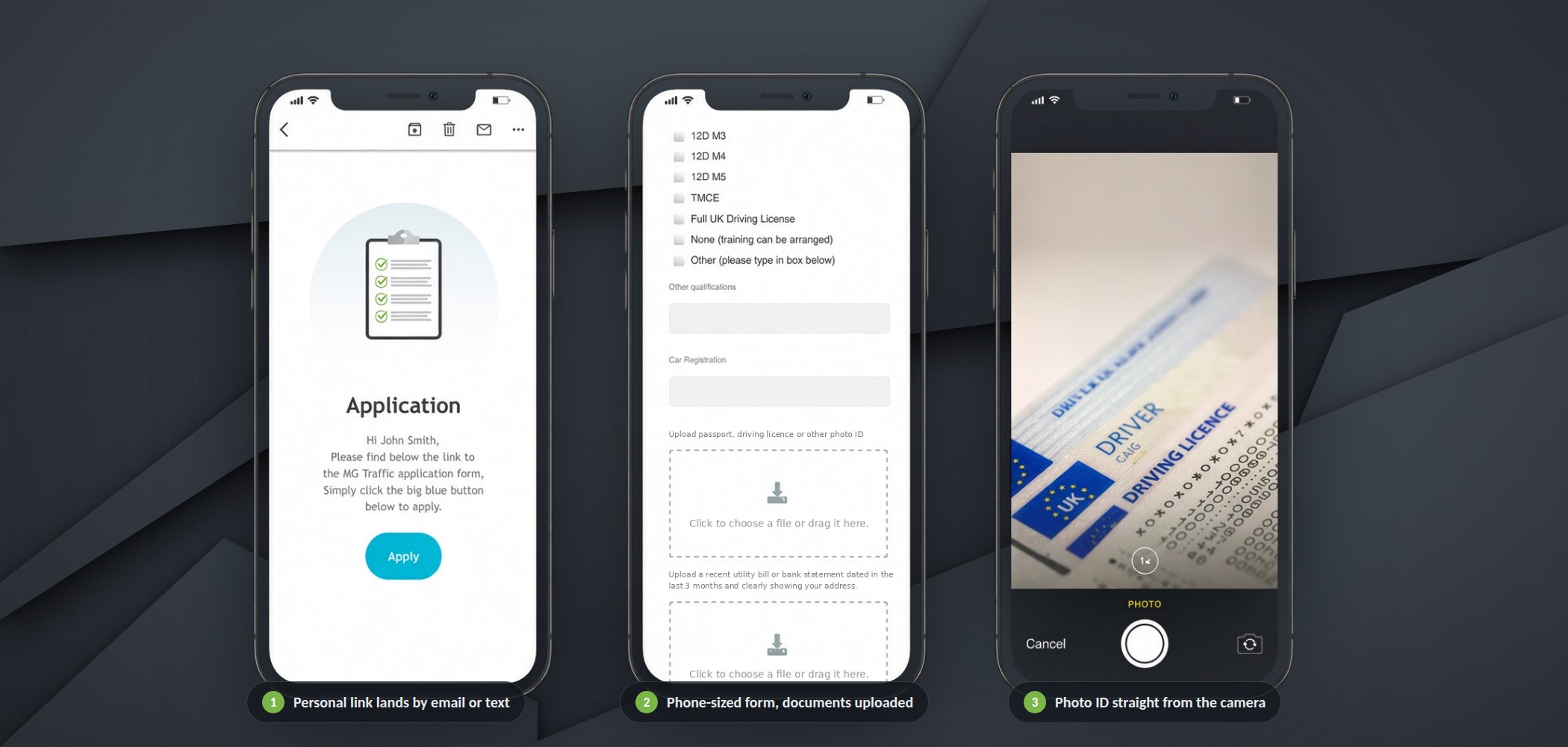 MG Traffic mobile application flow on three phones: the emailed application link, the qualifications form with document upload, and the camera capturing a driving licence
