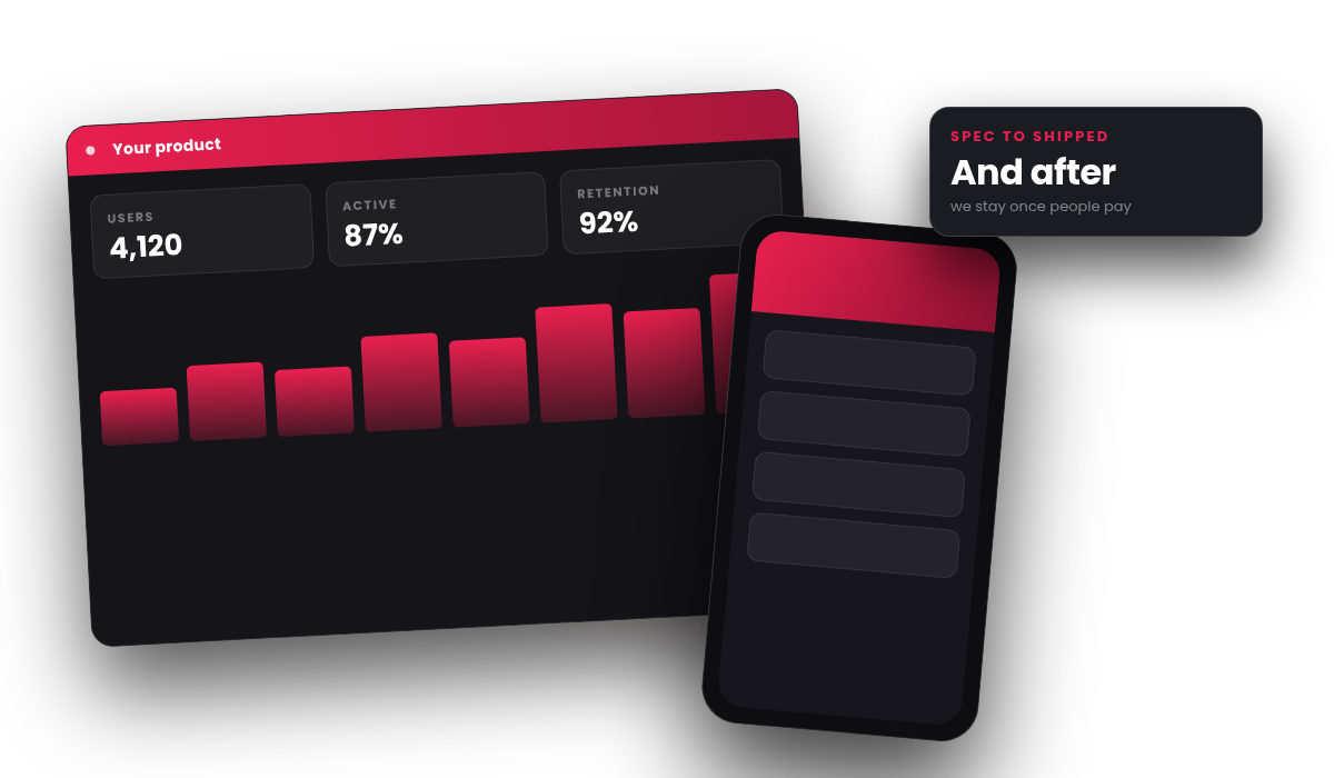 A product dashboard showing users, activity and growth, with a phone app beside it