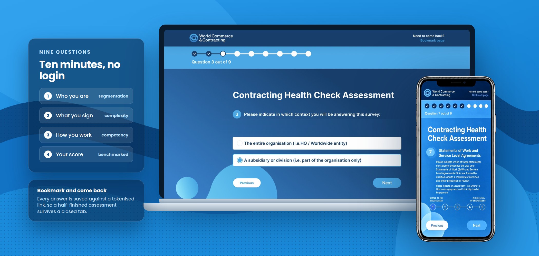 The Contracting Health Check assessment on a laptop and a phone, showing the nine-question flow with its progress bar and bookmark link