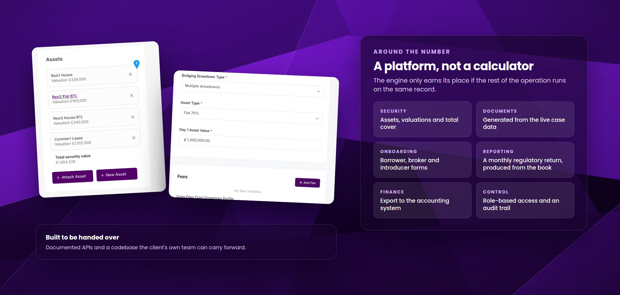 The security assets panel and drawdown configuration screen, alongside the platform's document, onboarding, reporting and audit capabilities