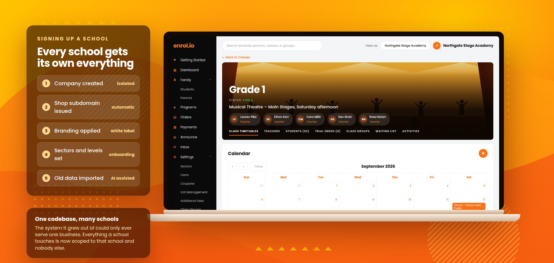 The Enrolio admin system on a laptop, with the five steps of signing up a school: company created, shop subdomain issued, branding applied, sectors and levels set, old data imported