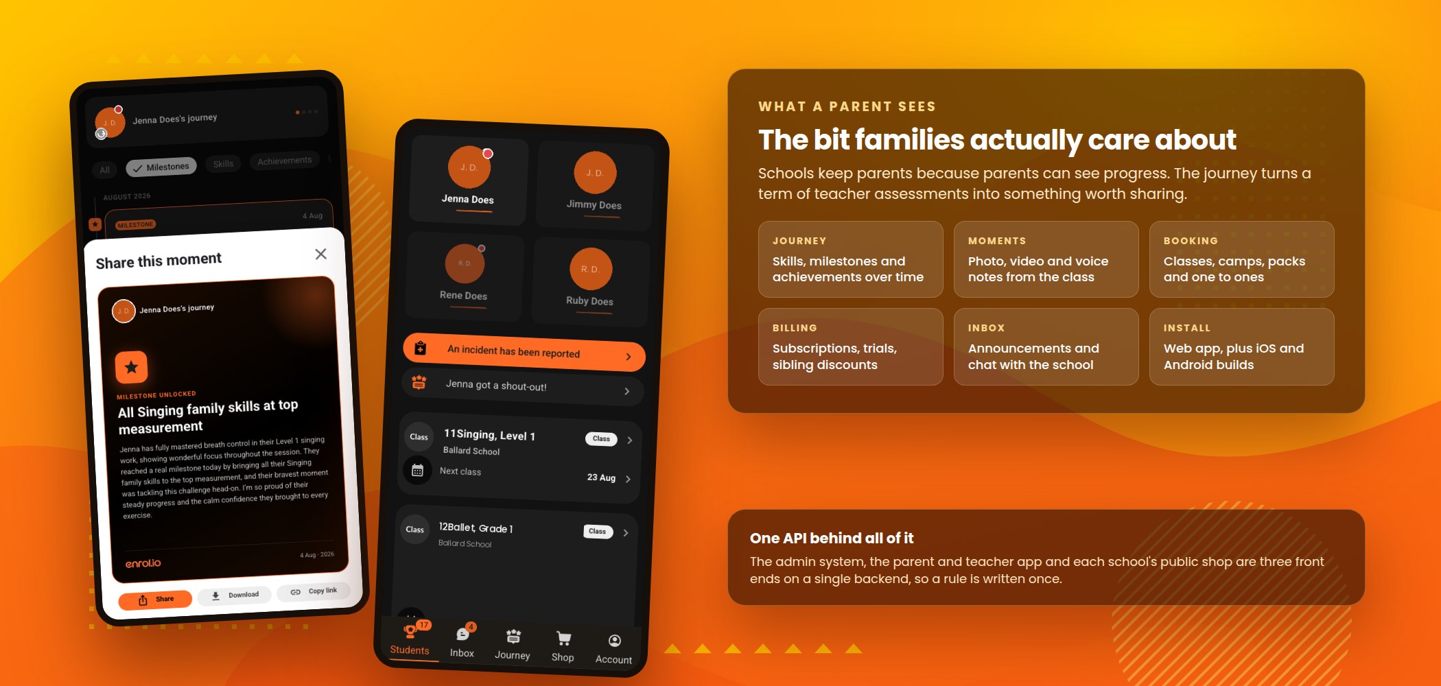 The parent app showing a student's journey and shared moment, with the journey, moments, booking, billing, inbox and install capabilities listed alongside