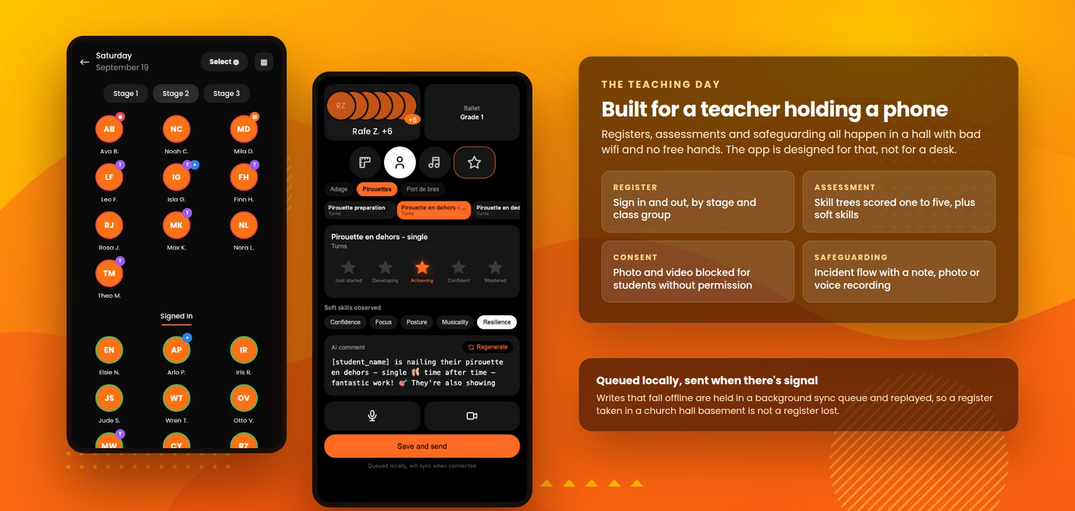 The teacher register and assessment screens on two phones, alongside the register, assessment, consent and safeguarding capabilities
