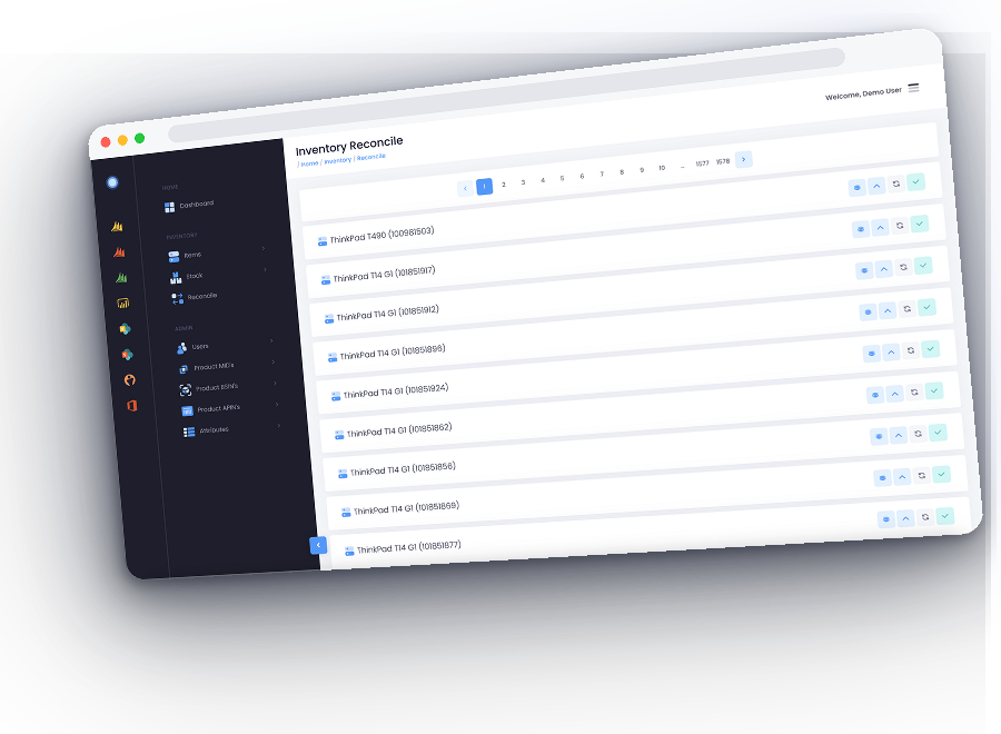 The A2C inventory application, showing the Inventory Reconcile screen