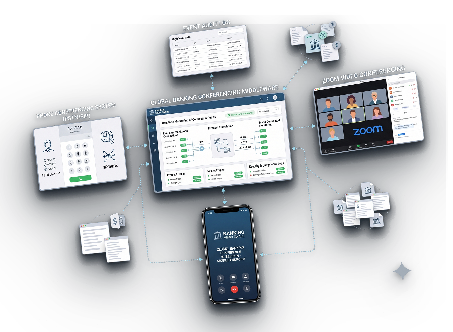 The banking conferencing middleware bridging PSTN and SIP phone systems, Zoom video and a mobile endpoint, with an event audit log