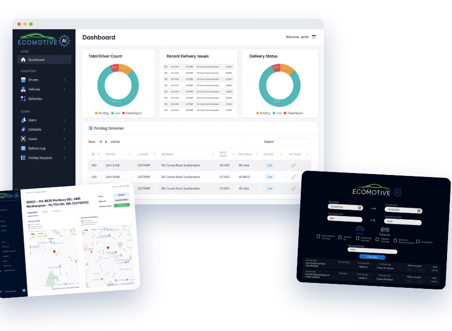 Ecomotive CRM dashboard, delivery record and quote calculator