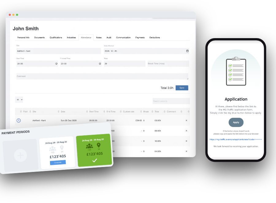 MG Traffic attendance record, payment periods and applicant email on a phone