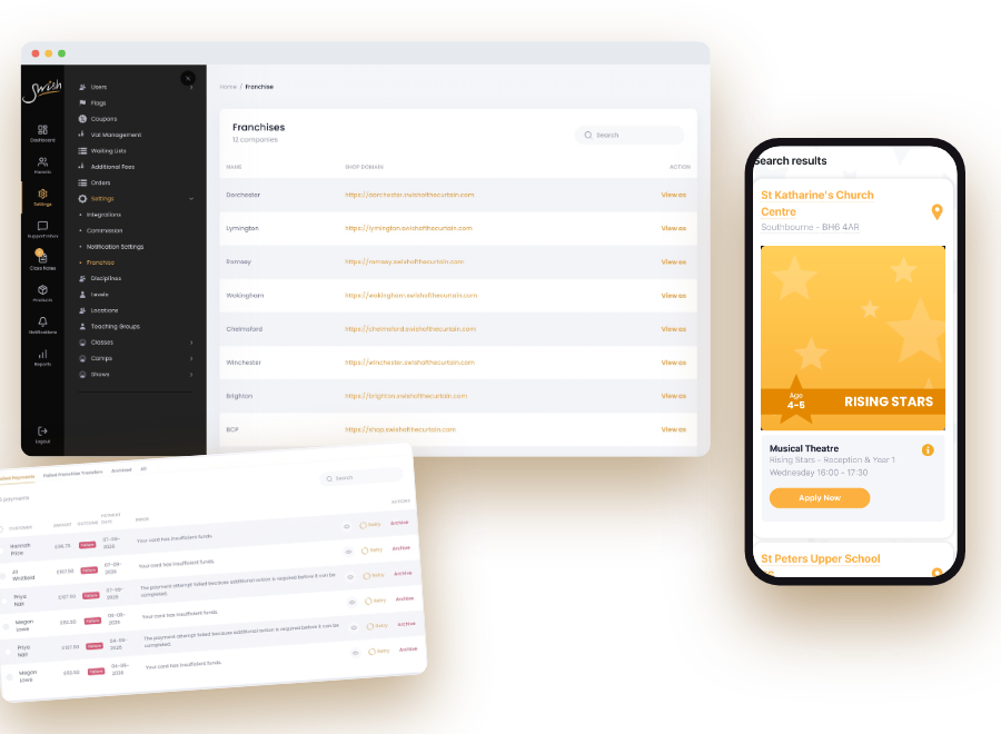 Swish of the Curtain app screens: franchise admin, failed payments and shop on a phone