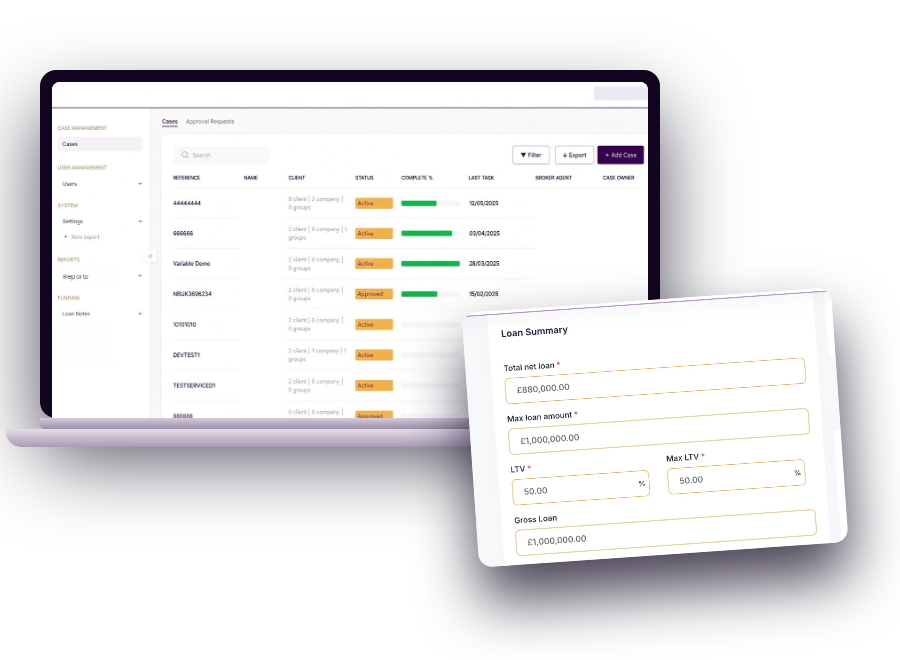The lending platform case list on a laptop with a loan summary panel