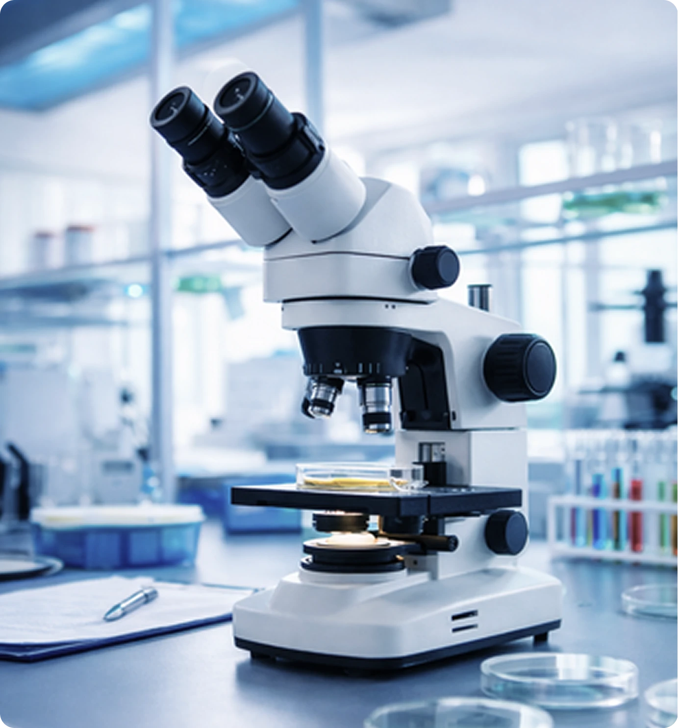 Microscope dans un laboratoire scientifique moderne avec une boîte de Pétri sur la table.