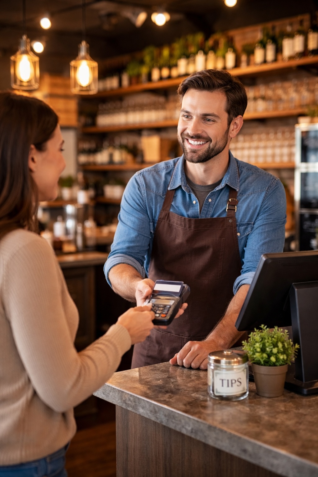 Smiling male barista in apron holding a payment terminal for a customer to pay by card inside a cozy café.