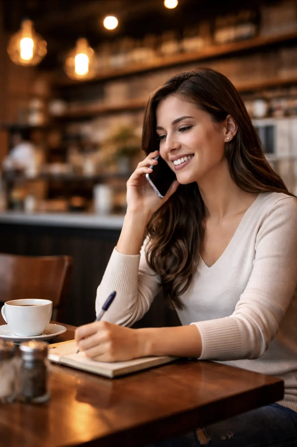 Smiling male barista in apron holding a payment terminal for a customer to pay by card inside a cozy café.