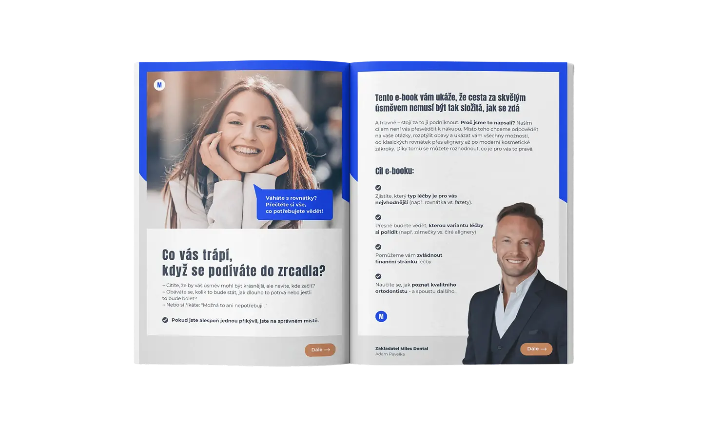 Otevřená dvoustránka e-booku o zubech, vlevo mladá usměvavá žena, vpravo muž v obleku Adam Paveika, zakladatel Miles Dental, s textem o výhodách léčby rovnátek.
