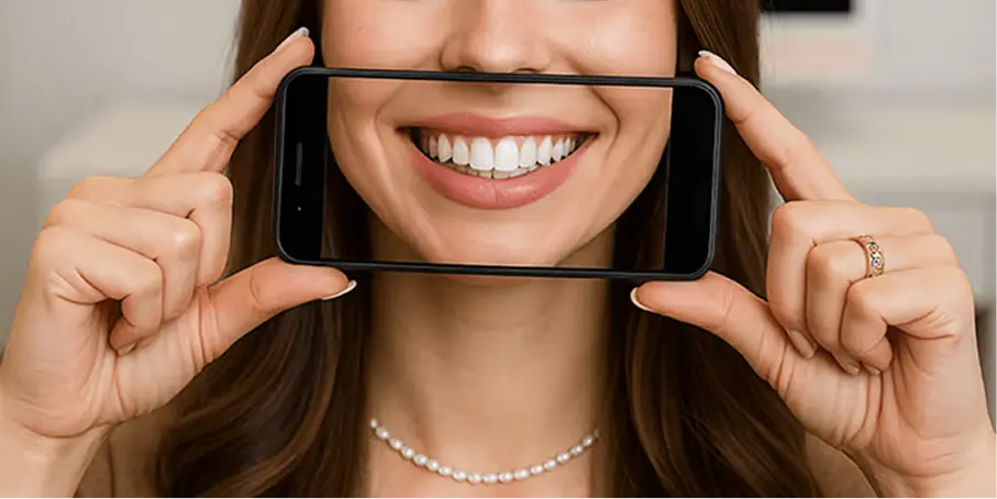 Žena drží telefon před ústy, zobrazující široký úsměv s bílými zuby.