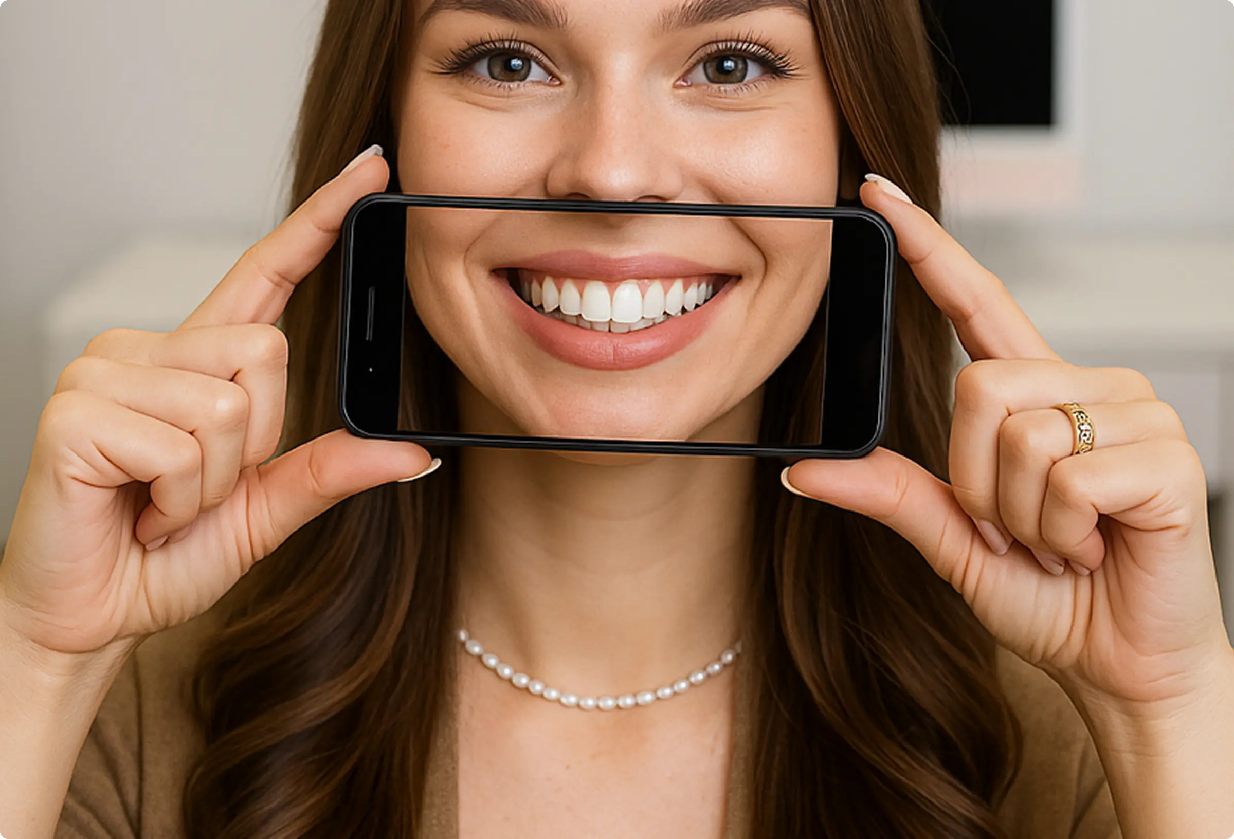 Žena drží telefon před ústy, obraz na telefonu ukazuje její úsměv s bílými zuby.
