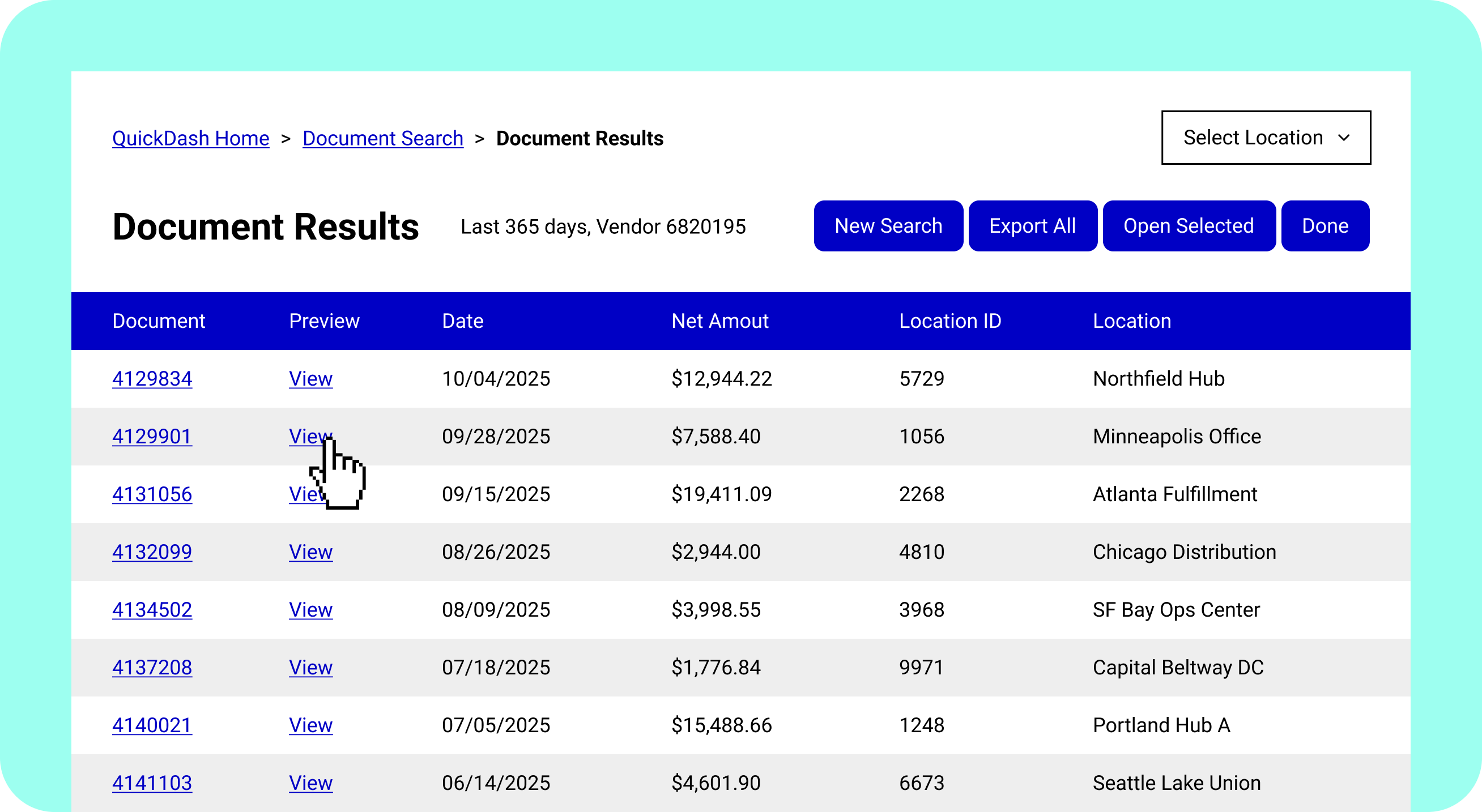 Document Results page listing documents with columns for Document, Preview, Date, Net Amount, Location ID, and Location, featuring links to view documents and buttons for New Search, Export All, Open Selected, and Done.