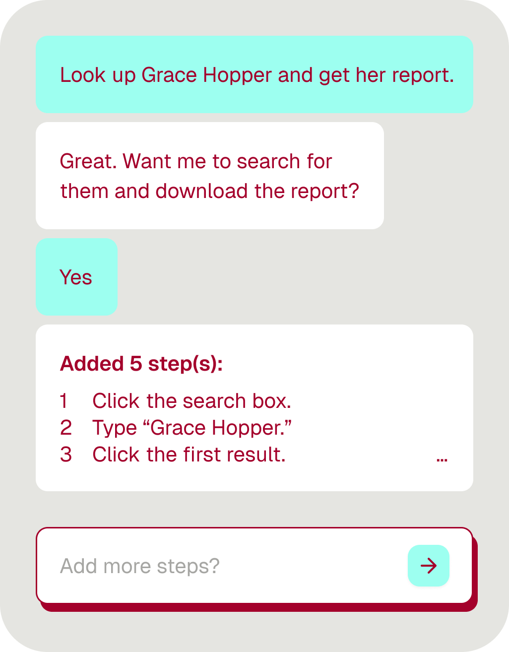 Chat interface showing a conversation about looking up Grace Hopper and downloading her report with steps to click the search box, type Grace Hopper, and click the first result.