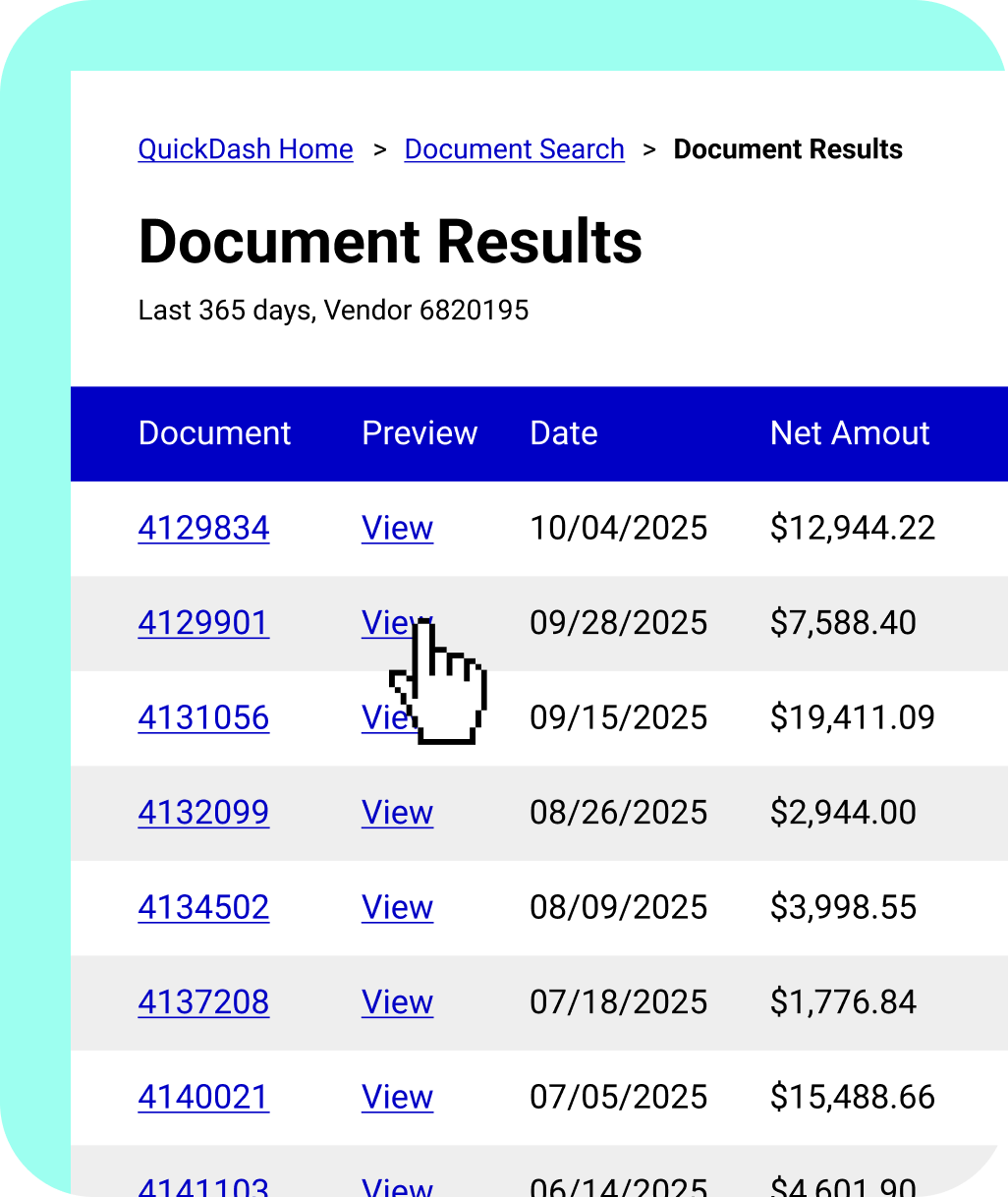 Document Results table showing document numbers, preview links, dates, and net amounts for vendor 6820195 over the last 365 days.