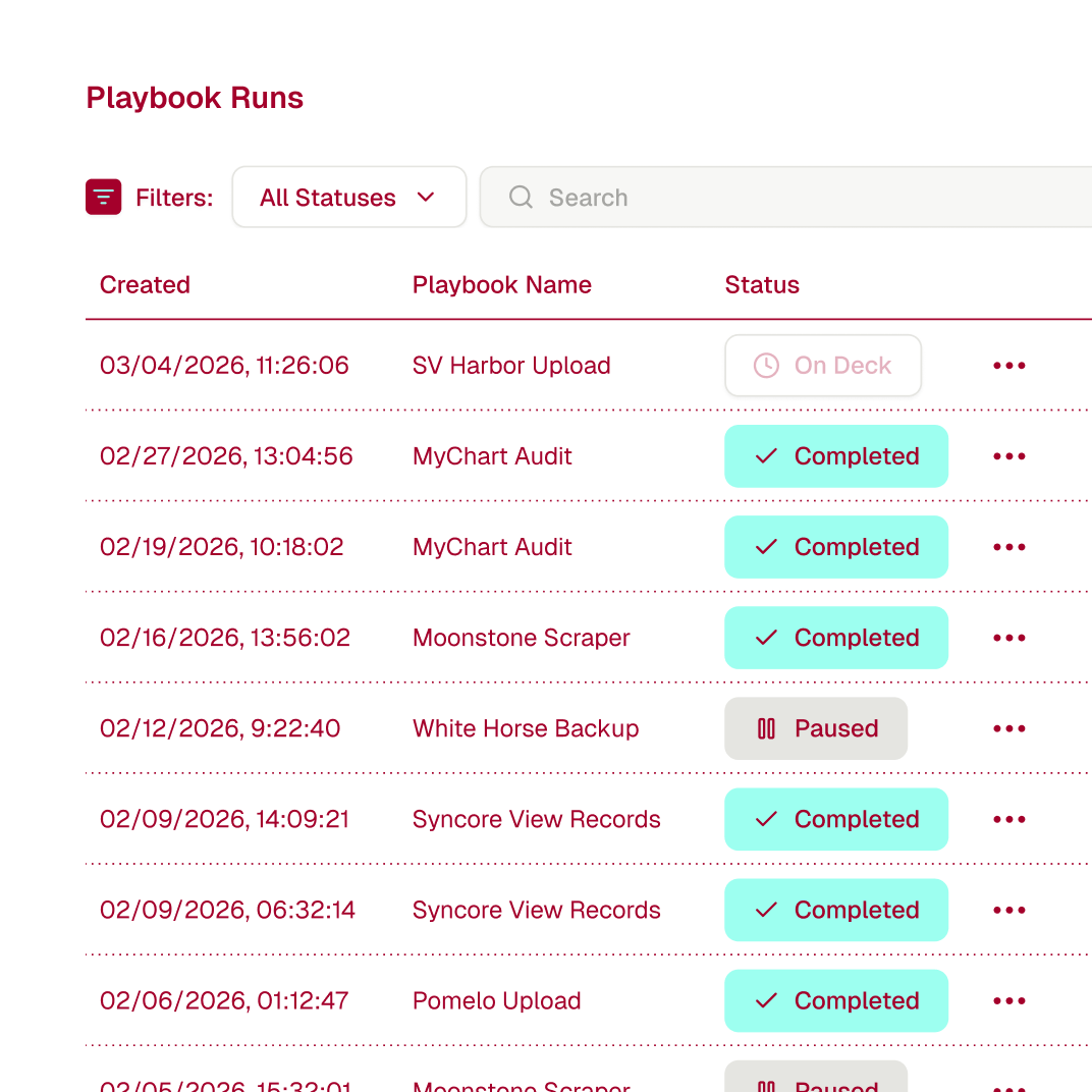 Table showing playbook runs with columns for creation date, playbook name, and status including On Deck, Completed, and Paused.