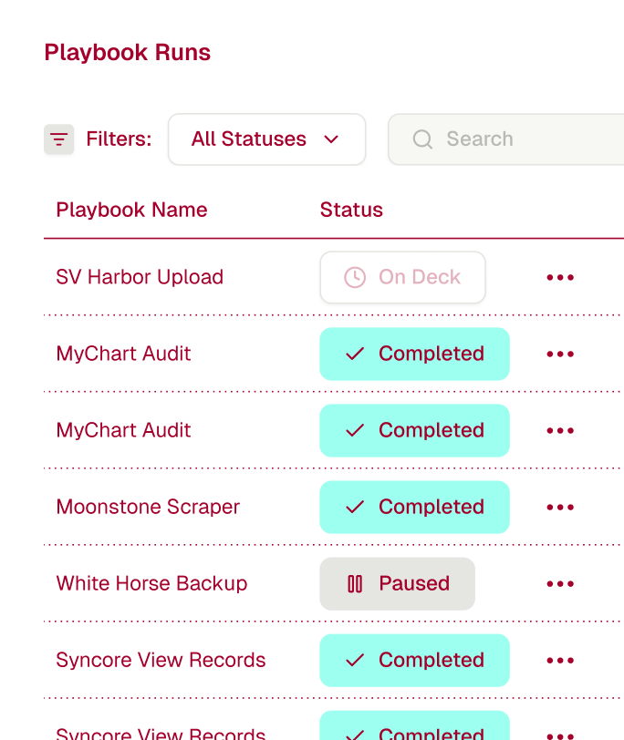 User interface showing a list titled Playbook Runs with filters for status, including playbook names like SV Harbor Upload, MyChart Audit, Moonstone Scraper, and statuses such as On Deck, Completed, and Paused.