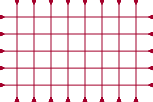 Dark red grid with triangular arrowheads at the ends of each horizontal and vertical line, arranged on a black background.