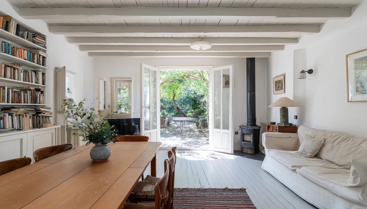 Salon lumineux avec grande table en bois et chaises, canapé blanc, bibliothèque pleine de livres, poêle à bois et porte-fenêtre ouverte donnant sur un jardin vert.