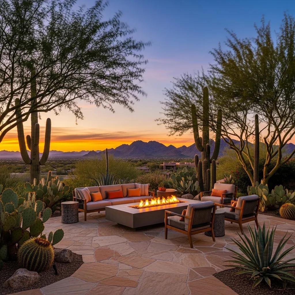 Patio and outdoor living area inspired by Scottsdale’s desert palette and natural stone