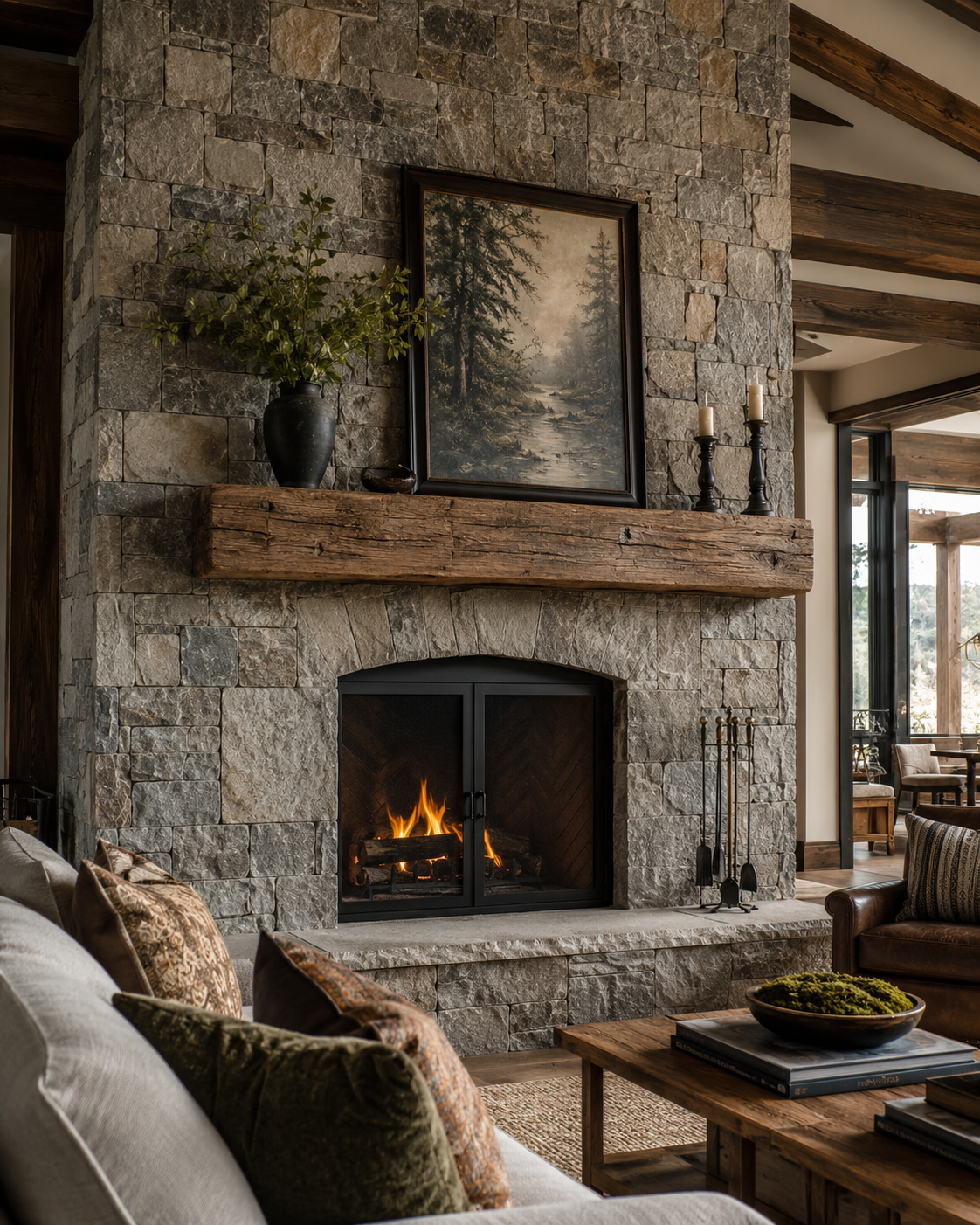 Completed full-height natural-stone fireplace with a reclaimed wood mantel in the finished living room.