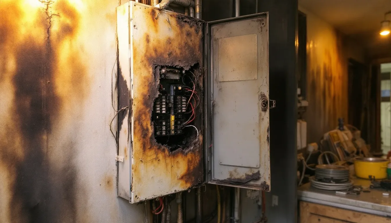 The image depicts an electrical panel that shows visible burn marks and damage, indicating the urgent need for replacement to ensure safety and prevent electrical fires. This compromised panel may require an electrical service upgrade to meet the home's electrical needs effectively.