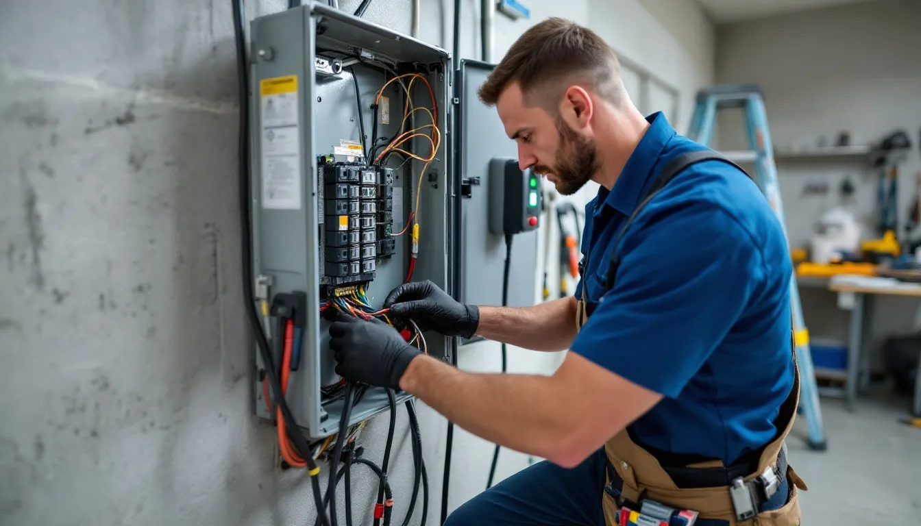A licensed electrician is installing an EV charger in a garage, with the main electrical panel visible in the background. This image highlights the process of electrical upgrades necessary for home charging stations, showcasing the importance of proper installation for EV drivers.