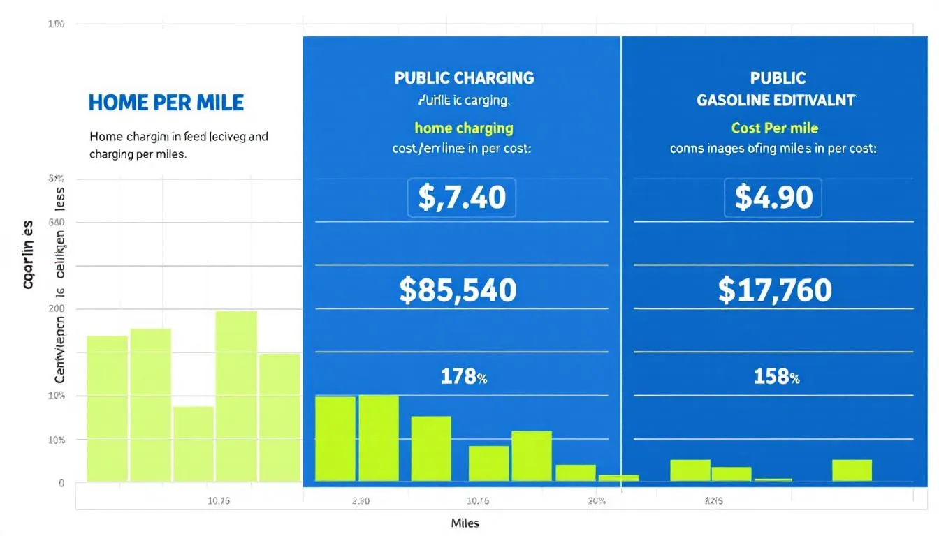 The image displays a chart comparing the charging costs for Tesla drivers using home chargers, public superchargers, and gasoline equivalent costs. It highlights the ease and affordability of charging a Tesla vehicle, emphasizing the benefits of using superchargers and the potential savings for drivers.