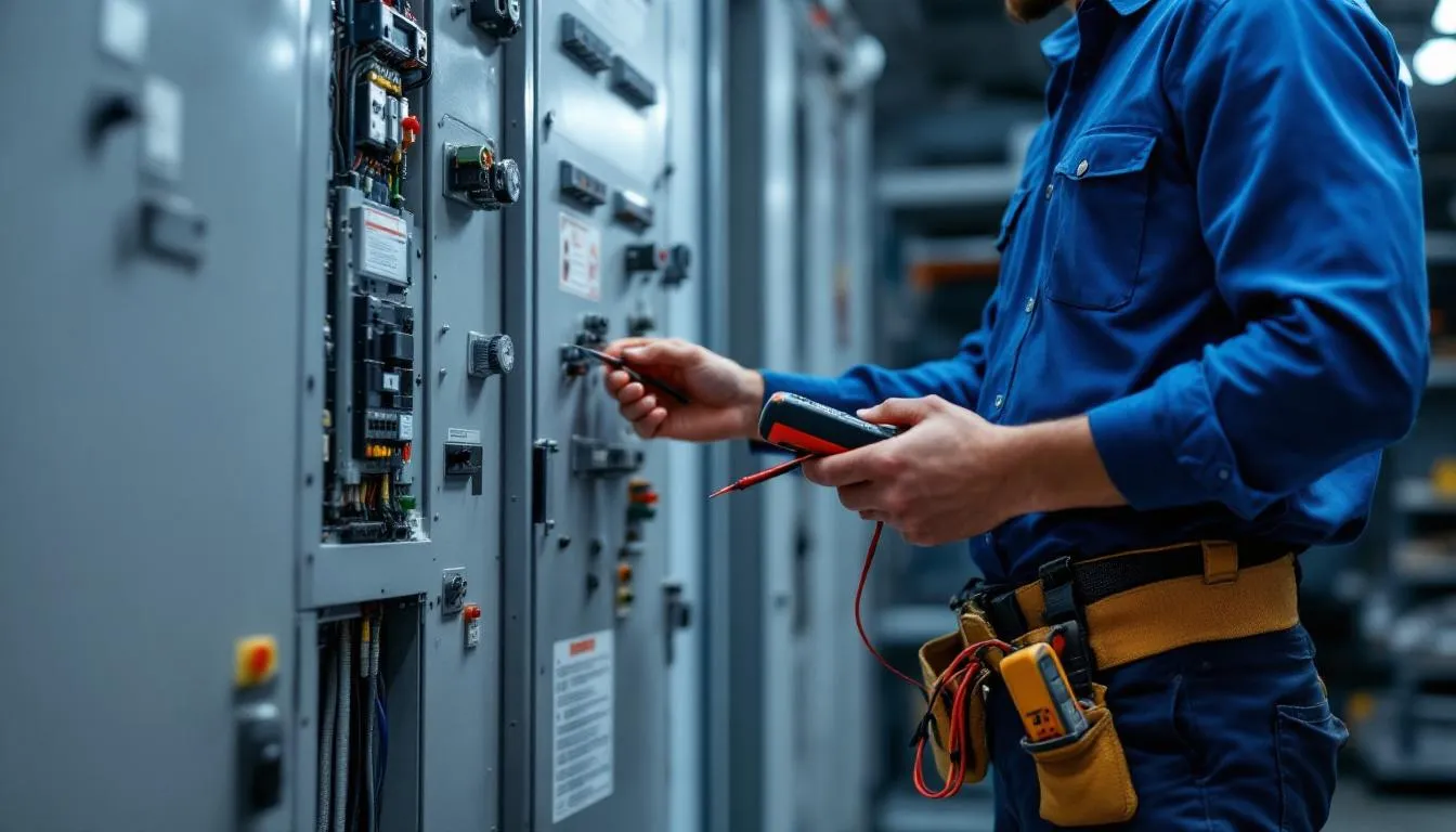 A professional electrician is focused on testing circuit breakers within an electrical panel using specialized testing equipment, ensuring the proper operation of the electrical system. The electrician takes necessary safety precautions while assessing for any faulty breakers or electrical hazards.