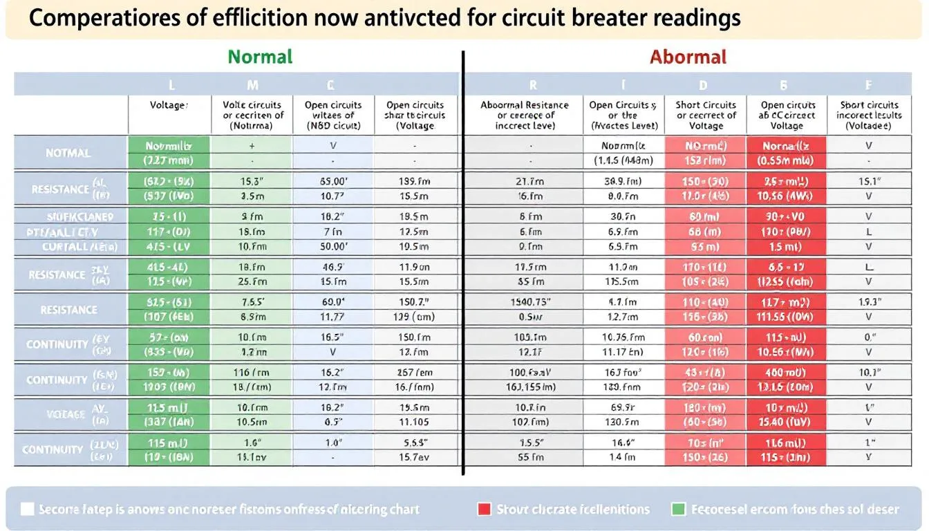 The image features a comparison chart displaying normal versus abnormal multimeter readings for circuit breaker testing, highlighting key differences in values that indicate proper operation or potential electrical issues. This visual aid serves as a guide for understanding how to test circuit breakers effectively and safely within an electrical panel.