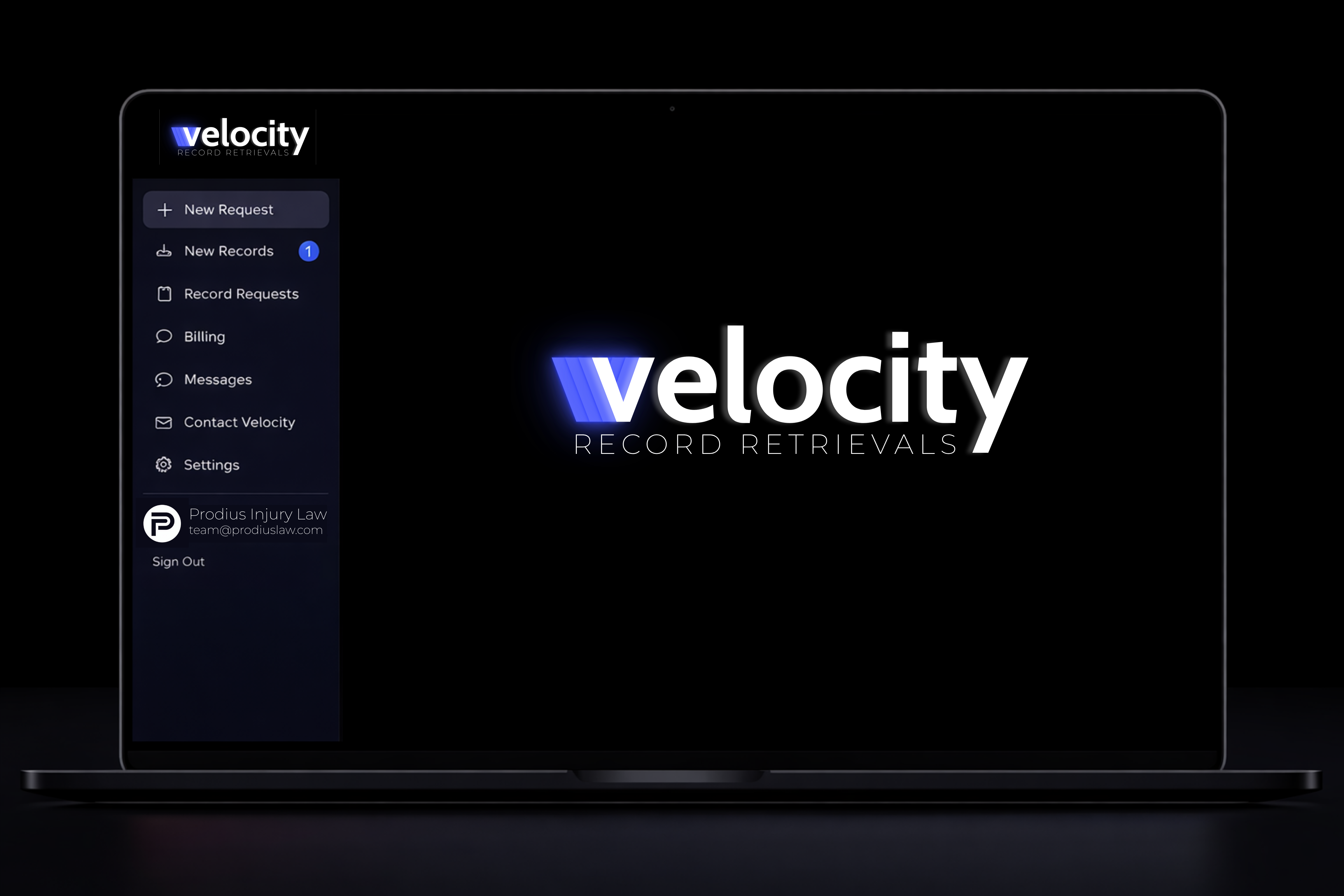 Velocity record retrieval portal on a laptop