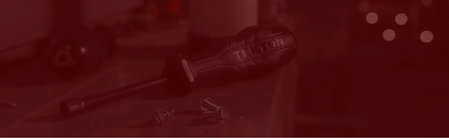 TEKTON screwdriver lying on a surface with several screws scattered nearby.