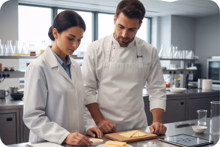 Food scientists developing custom cheese formulations in a lab