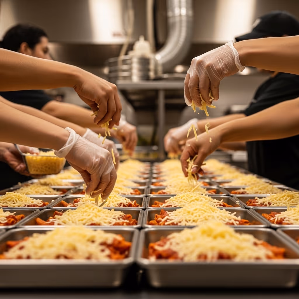 Meal prep line with cheese being added to dishes