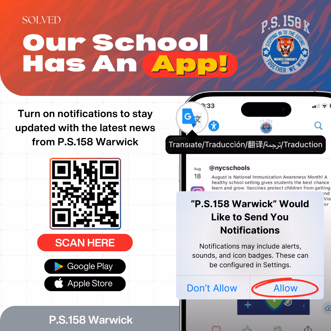 P.S. 158 Warwick school app flyer