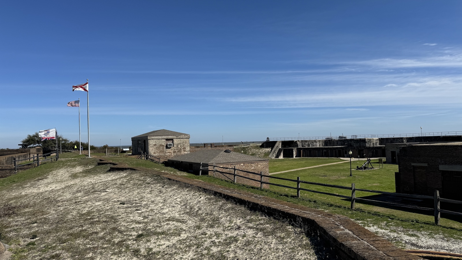 Flags blowing at Fort Gaines in Dauphin Island, Alabama