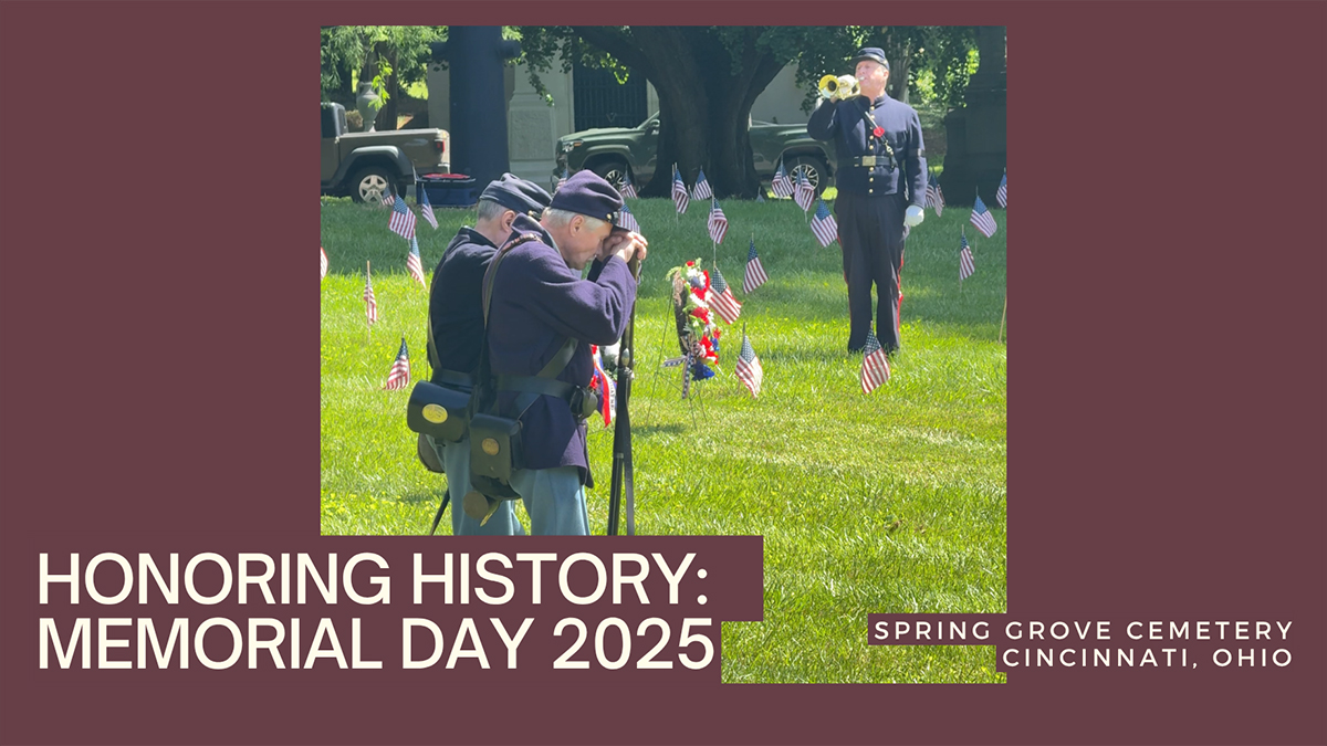 Two older men in Union uniforms, and a man playing a bugle during a Memorial Day services in 2025