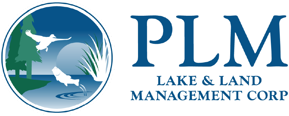 PLM Lake & Land Management Corp logo with a circular emblem depicting a duck flying over a fish jumping out of water near trees and reeds.