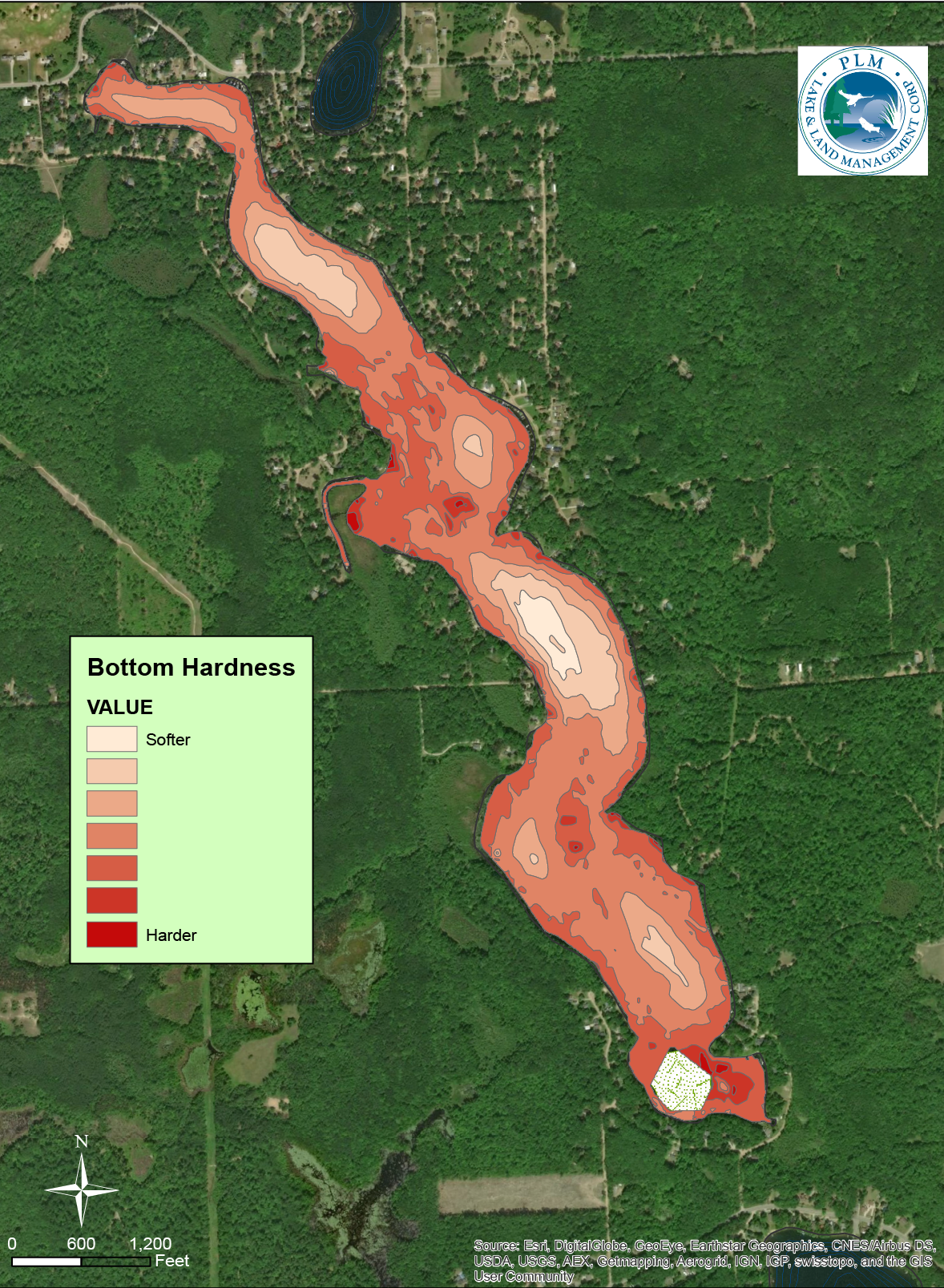 Aerial map showing bottom hardness of a long, narrow pond or lake surrounded by forest and scattered homes, with color-coded contour areas from softer (light peach) to harder (dark red) bottom.