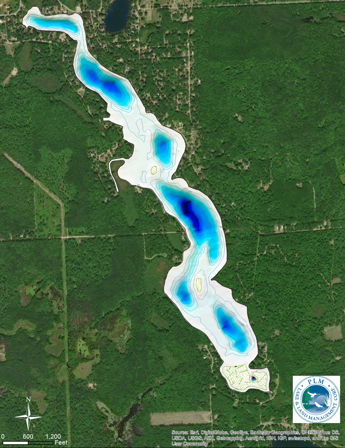 Topographic map of a lake with depth contours shown in shades of blue surrounded by dense green forest and scattered buildings.
