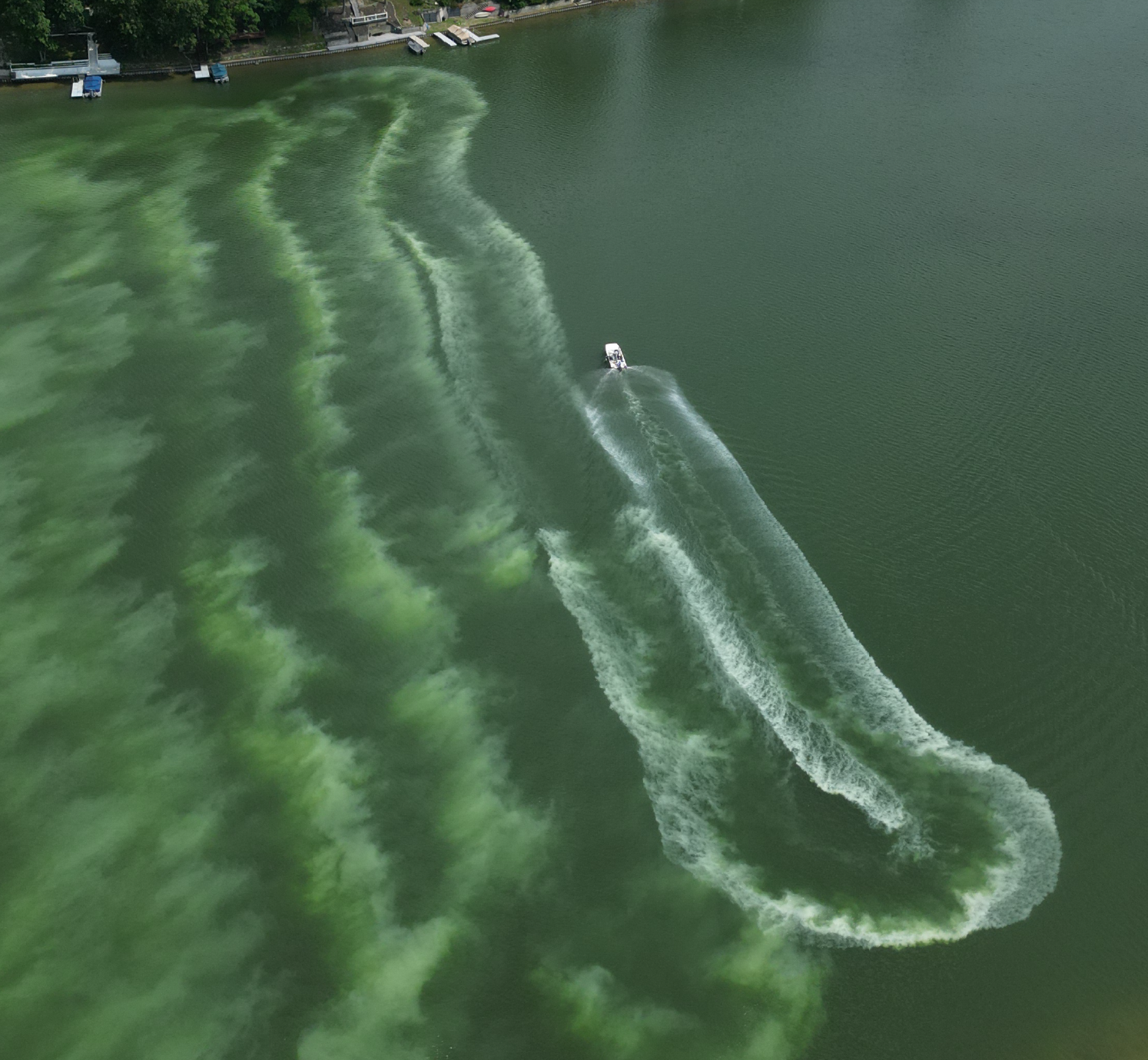 Aerial view of a small motorboat creating white wake trails on a green lake surface with visible patches of green algae or aquatic plants near the shore.