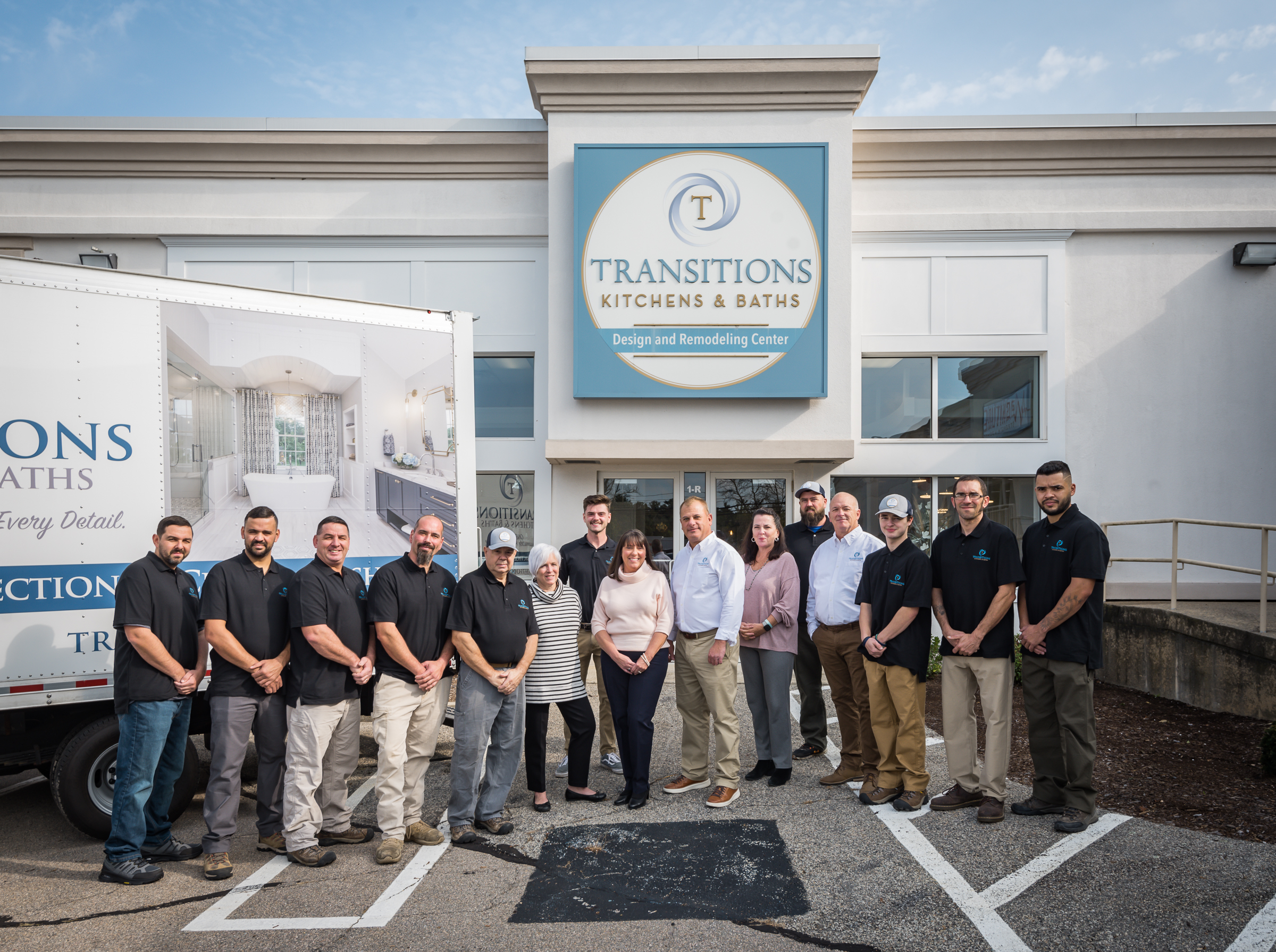 The Transitions Kitchens, Baths and Remodeling team in front of our showroom on Route 53 in Norwell, MA.