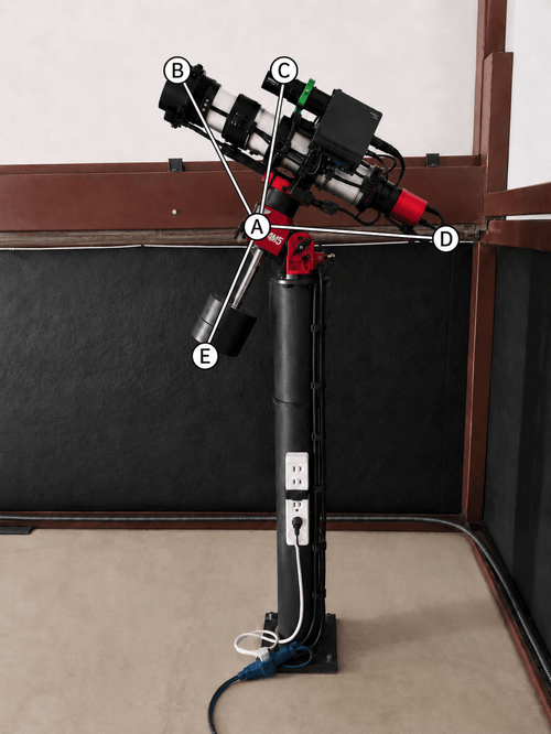 Telescope mounted on a pier inside a room, with parts labeled A to E and electrical outlets on the pier.