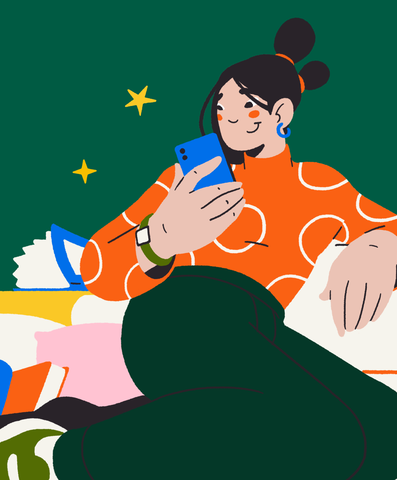 Illustration of a woman sitting down beside a stack of books, looking at her phone