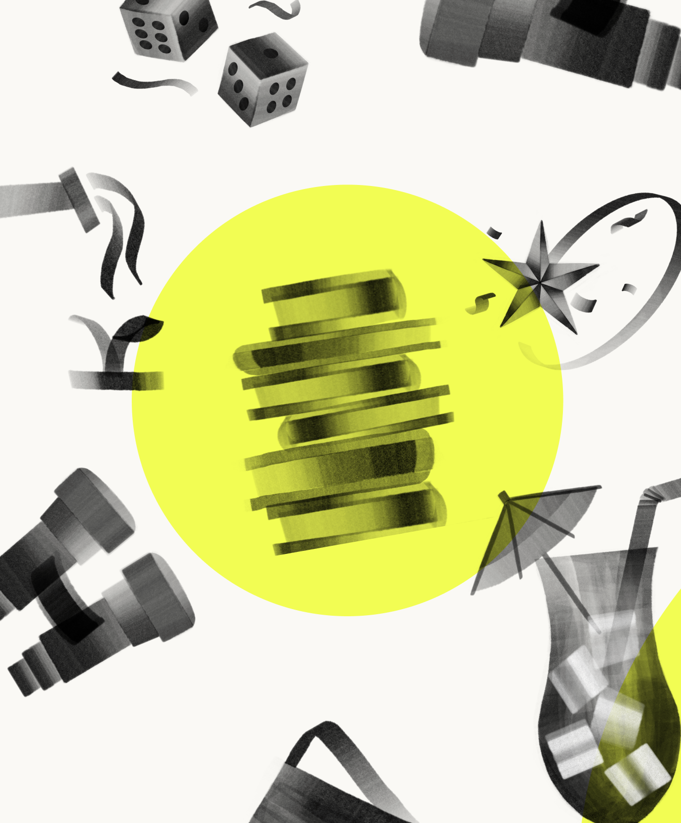 Grayscale icons of a stack of books highlighted with a yellow circle