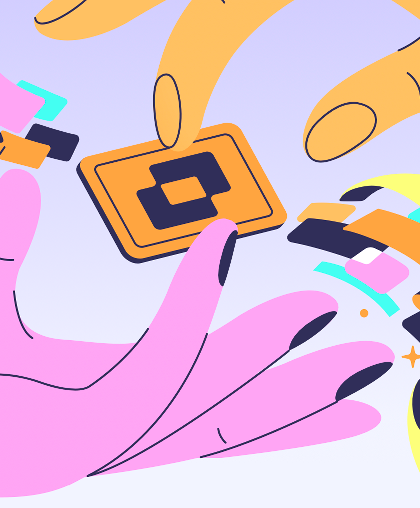 Colorful image of a yellow and pink cartoon hand around the Slideshare logo
